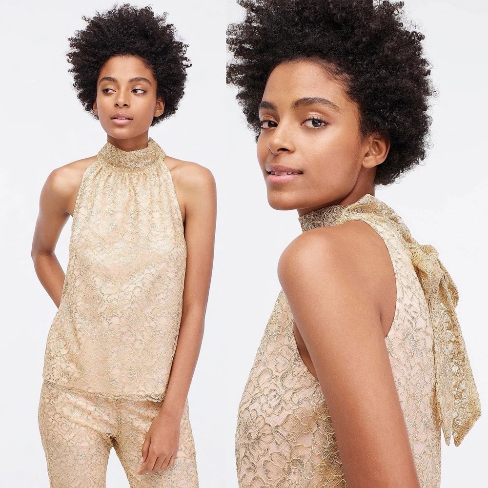J.Crew Halter Top Women XL Gold Metallic Lace Bow Back Sleeveless